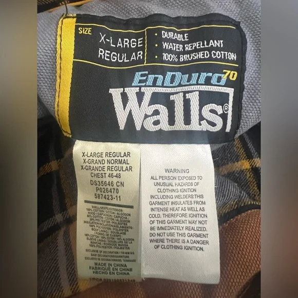 Walls Canvas Hooded Jacket XL Quilted Flannel Lined Brown Elbow Patches EnDura - Picture 12 of 14